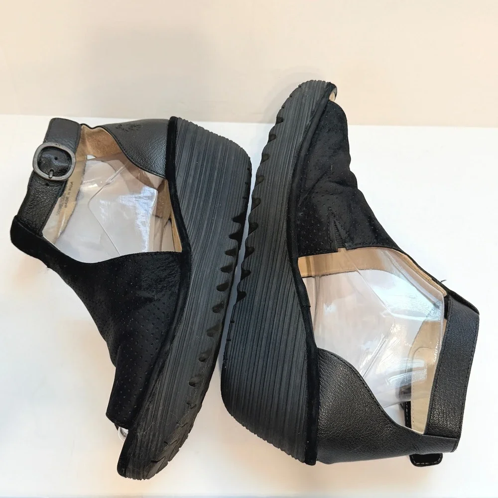 Fly London Yala Black Leather Suede Perforated Wedge Sandals Size 41 US 10-10.5